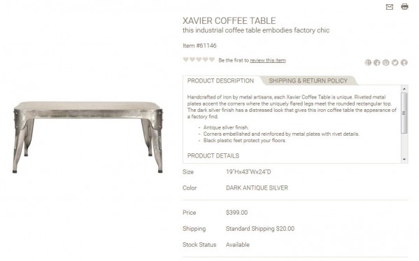 Xavier Coffee Table product description