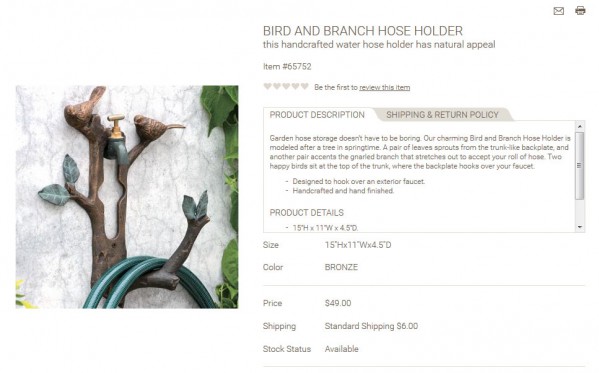 Bird and Branch Hose Holder product description