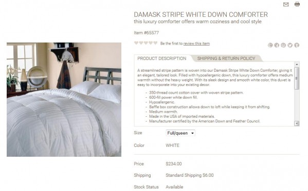 Damask Stripe White Down Comforter product description