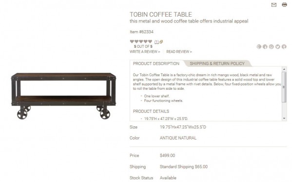 Tobin Coffee Table product description