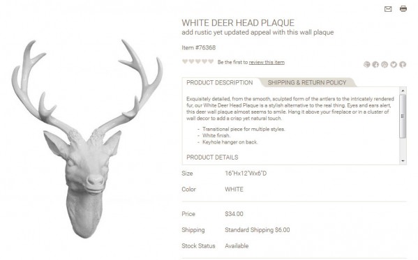 White Deer Head Plaque product description